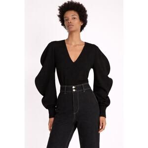 Shaina Mote Concha Spiral Flutter Sleeve Wool Top in Onyx Black, Size XS